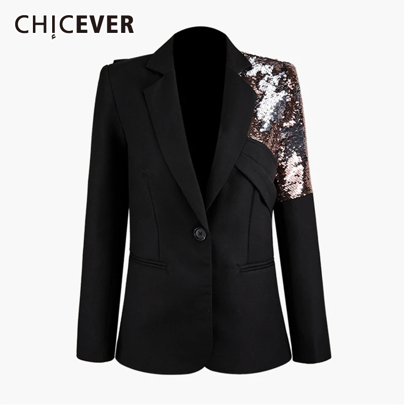 CHICEVER Patchwork Sequined Asymmetrical Blazer Women Notched Collar Long Sleeve Hit Color Suits Female Fashion 2019 New Clothes |