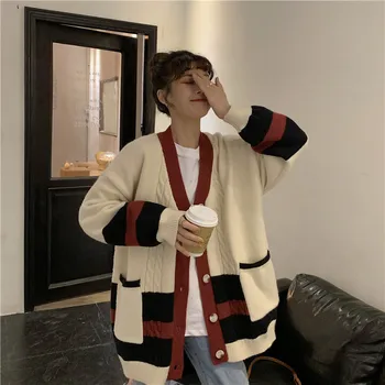 

2020 Autumn & Winter New Arrival Loose Mid-length Sweater V-neck Striped Thick Sweater Long-sleeved Sweater Coat Free Shipping