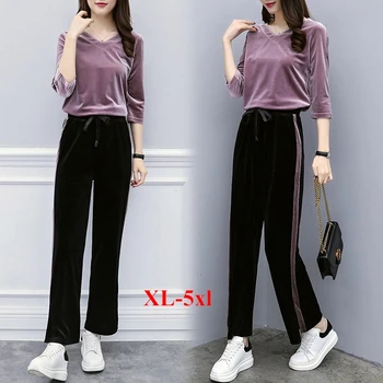 

Spring Women Gold Velvet 2 Two Piece Set Tracksuit Velor Smooth Soft Home Suit Women Pants Set Plus Size Sportwear For Female