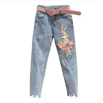 

Heavy work Beaded Personality Frayed Jeans Women's 2020 Spring New Fashion Pattern Pencil Pants Blue Denim Pants r685