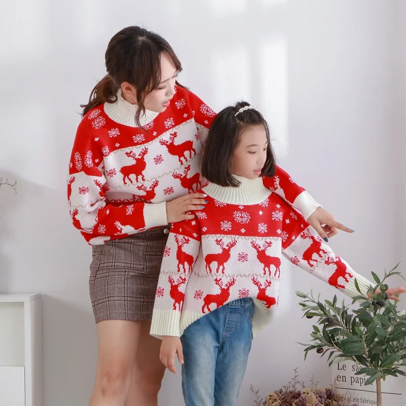 Рождественские Семейные свитера с высоким воротником; зимние Семейные комплекты; вязаный свитер со снежинками для мамы и дочки; хлопковый пуловер для девочек
