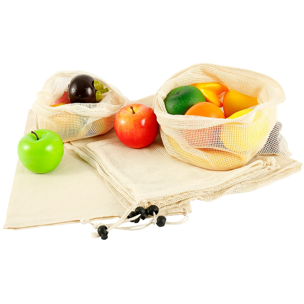 

Fruit and Vegetable with Drawstring Reusable Home Kitchen Storage Mesh Cotton Bags Hanging Fruit Bag Breathable Machine Washable