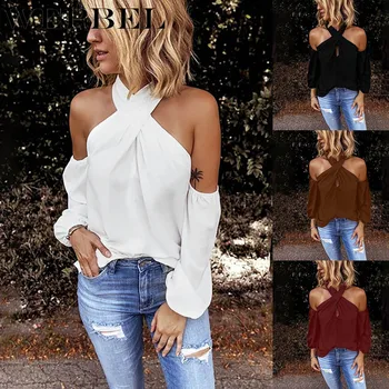 

WEPBEL Women's Fashion Sexy Elegant Strapless Long Sleeve Halter Backless Solid Color Slim Fit Blouse Tops