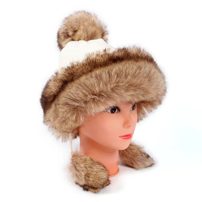 Зимняя женская вязаная шапка-ушанка из искусственного меха кролика, теплая шапка-ушанка для снежной принцессы