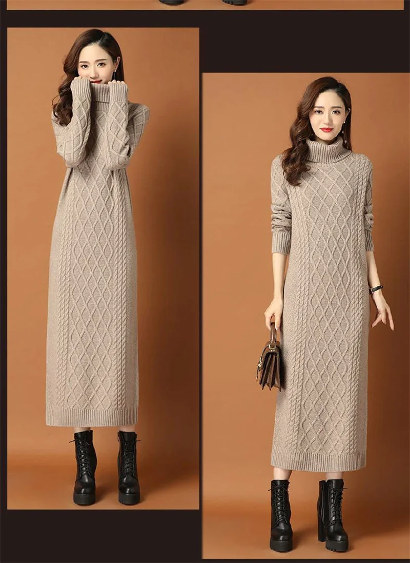 red sweater High-necked Long Sweater Women's Thick Autumn Winter Loose Outwear Twist Base Dresses Knitted Dress Women Turtle Neck Pullover christmas sweaters