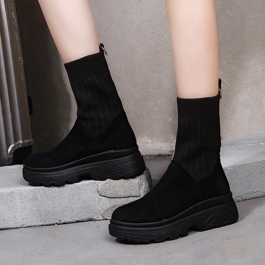 

New Female Fashion Slip On Low Heel Sewing Flock Platform Boots Women's Casual Comfortable Style Black Shoes Size 35-40