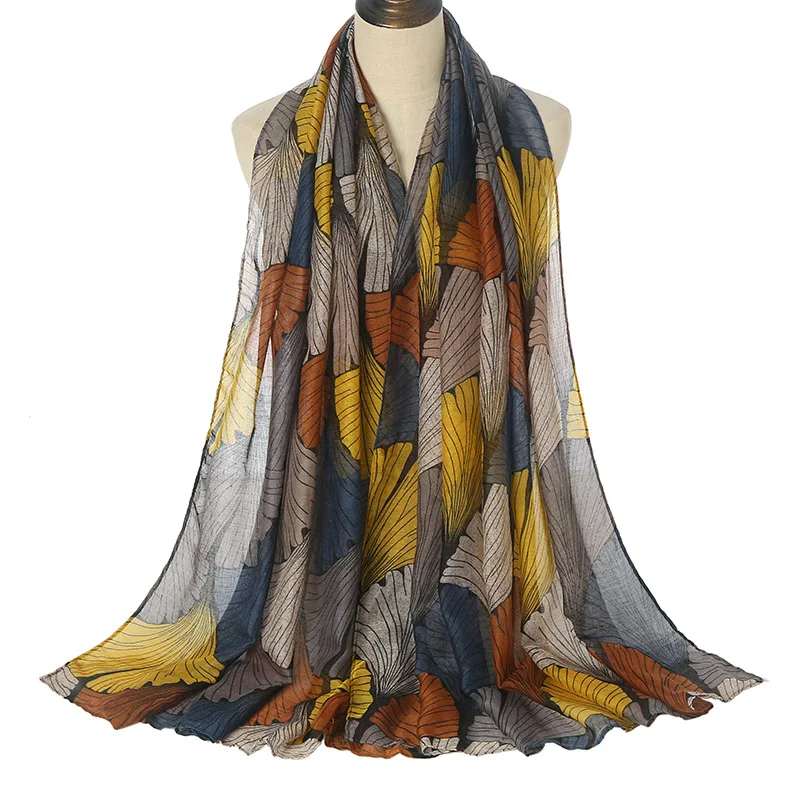 

2022 Spring Fashion Ginkgo Biloba Flroal Viscose Scarf Lady Print Voile Shawls and Wraps Pashmina Foulards Muslim Hijab 180*80Cm