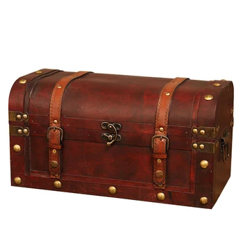 

European Retro Wooden Box Red Leather Vintage Treasure Chest Jewelry Storage Box Photography Props Home Decoration L