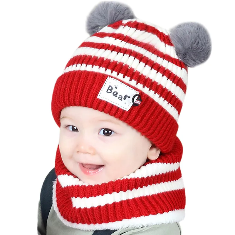 Теплая шапка с помпонами для новорожденных мальчиков и девочек, шарф, Зимняя Вязаная Шерстяная трикотажная шапочка с помпоном, одноцветная облегающая шапка, популярный комплект O18