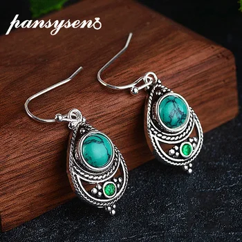 

PANSYSEN Vintage Turquoise Drop Earrings Genunie 925 silver Jewelry Earrings For Women Anniversary Gift Wholesale Fine Jewelry