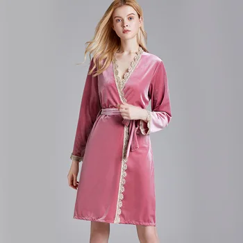 

Robes Gold Velvet Soft Mid-length Pajamas Home Service Hotel Bathrobe Long Sleeve Robe The New Sexy Bath Robe Pajamas Women