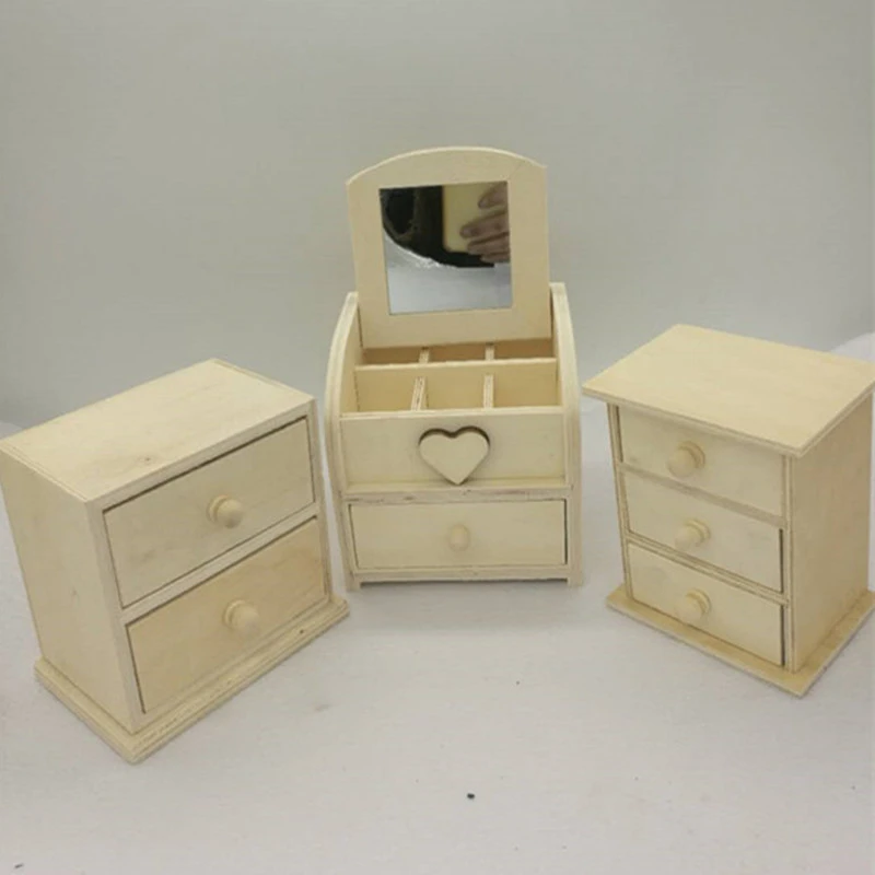 

Children Mini Wooden Dressing Table Model Toys Mirror Manual Woodiness Model Dresser Drawer Gift New 2019