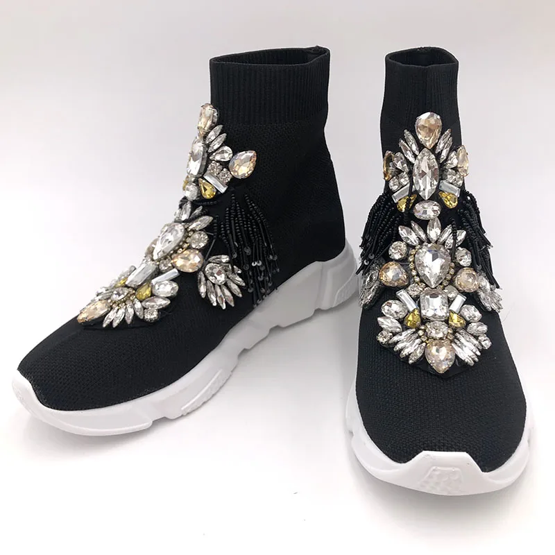Модные кроссовки Для женщин с украшением в виде кристаллов кроссовки женский, черный Стразы кроссовки Bling зимняя обувь для девочек WK103