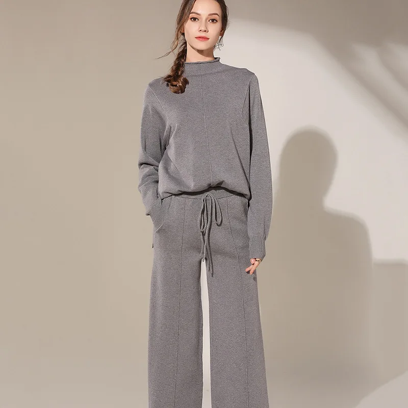 

2019 Autumn And Winter New Style Wool Knitting Suit Women's Half-Turtle-Neck Sweater Casual Loose-Fit Loose Pants Two-Piece Set