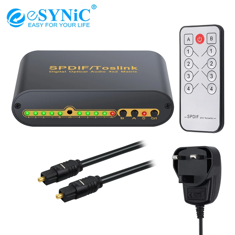

eSYNiC SPDIF / TOSLINK Optical Digital Audio Switch 4X2 With Remote Control 4 in 2 Out Switch Switcher Splitter For Dolby-AC3