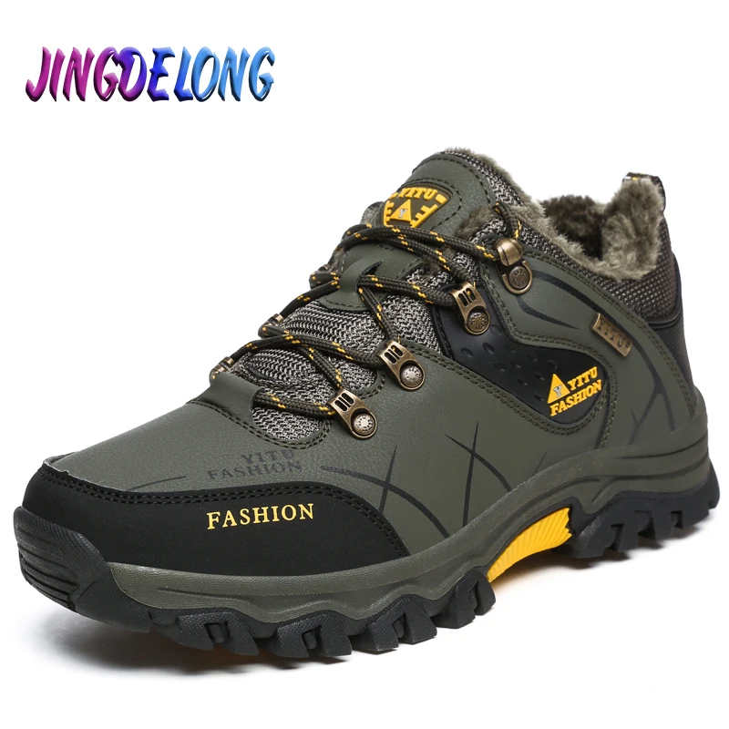 Classic Winter Mens Snow Boots Plush Warm Mens Ankle Boots Outdoor Non-slip Male Hiking Boots Waterproof Leather Sneakers 39-47