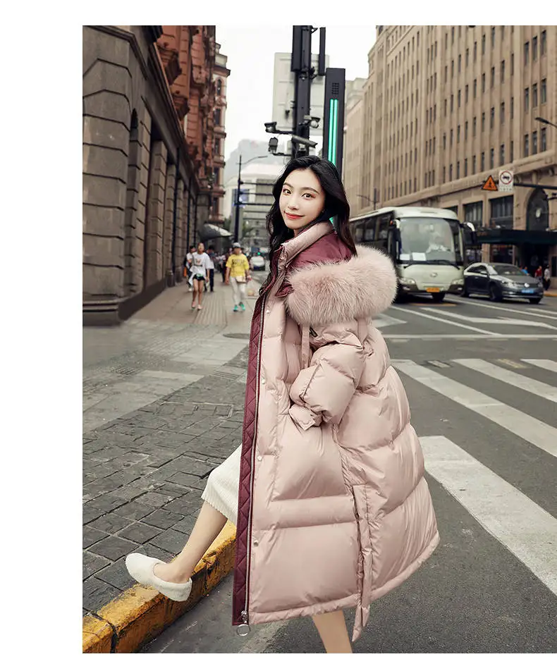 Bella Philosophy Wonder NEW Winter Real Raccoon Fur Hooded White Duck Down Coat pink Solid Thick Warm Loose Female Parkas