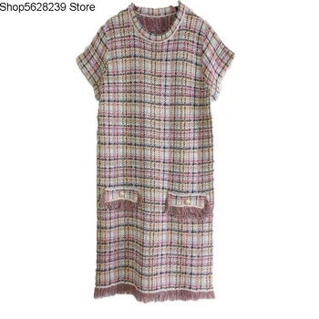 

Loose Short Sleeve 2020 Small Xiang Romantic Su Hem Color Grid Knitting Dress