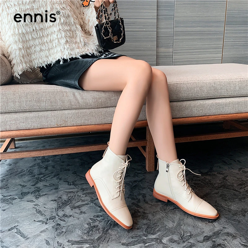 ENNIS/брендовые Ботинки martin на плоской подошве; женские ботинки «Челси» из натуральной кожи; Зимние ботильоны на шнуровке; Женская Осенняя обувь черного цвета на молнии; A9380