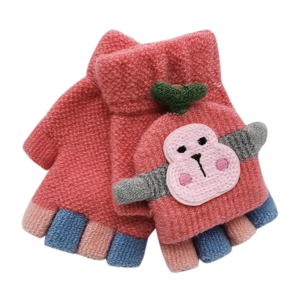 ARLONEET детские перчатки для детей, зимние теплые вязаные перчатки, Детские флипперы с рисунком, митенки без пальцев, зимние перчатки - Цвет: Watermelon Red
