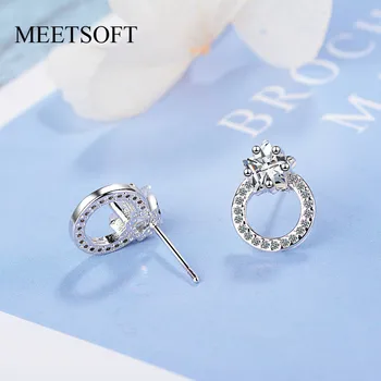 

MEETSOFT 925 Sterling Silver Prevent Allergy Stud Earrings for Women Design Trendy Small Crystal Circle Jewelry Gift