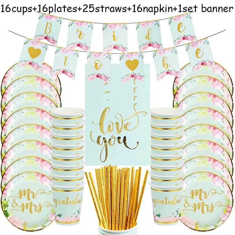 

74pcs Wedding Disposable Tableware Set Bronzing Paper Plates Cups Straws Napkins Mr Mrs Love You Engagement Decoration Supplies