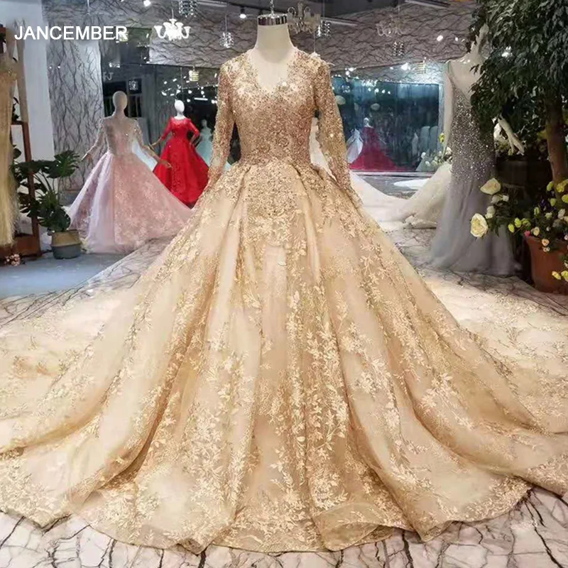LSS219 golden lace wedding dresses 2020 champagne v-neck long sleeves up back party dress with shiny royal train | Свадьбы и