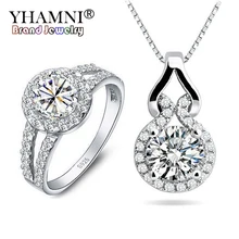 YHAMNI модные свадебные ювелирные наборы для женщин стерлингового серебра 925 Круглый CZ кулон с бриллиантом ожерелье кольцо набор Африканский YS028