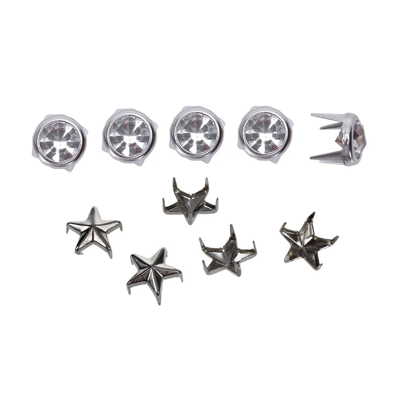 100Pcs 7Mm Star Studs Spots Punk Rock Nailheads Spikes for Bag Shoes Bracelet& 100Pcs 7 Mm Metal Rhinestone Studded Silver Stud