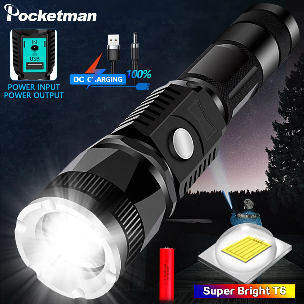 Super-bright-T6-LED-flashlight-tactical-torch-waterproof-zoom-DC-charging-lantern-uses-18650-battery-for