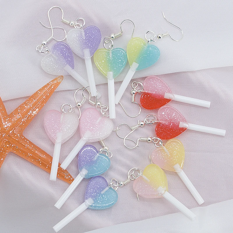 

2 Pair Women Drop Earrings Multicolor Resin Lollipop Shape Crafts Candy Charms Fashion Jewelry for Girl