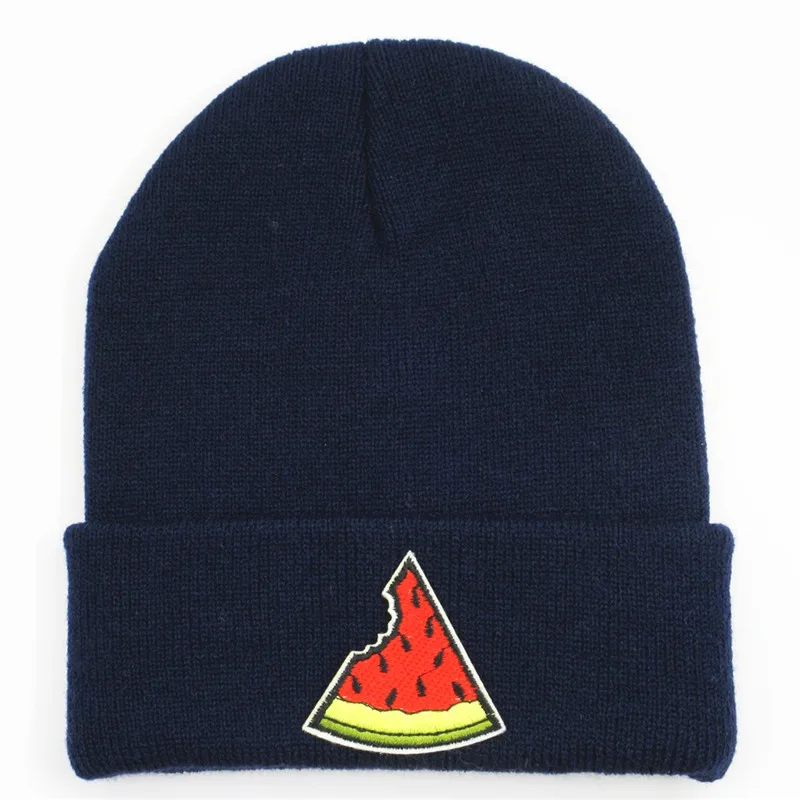 Navy Blue LDSLYJR хлопковая утолщенная вязаная шапка с арбузной вышивкой, зимняя теплая шапка Skullies, шапка бини для мужчин и женщин 129 - Color: Navy Blue