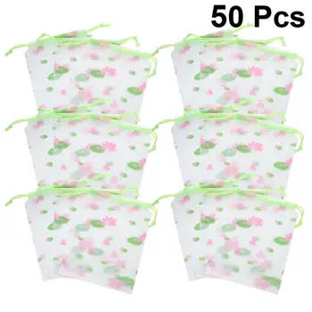 

50pcs Drawstring Transparent Gift Bags Frosted Lotus Pattern Packing Bags Waterproof Candy Pockets Storage Bags (Assorted Color)