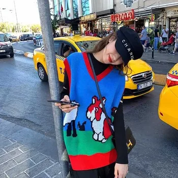 

Covering Yarn Women Sleeveless Pullover Fall 2019 Japanese Kawaii Cartoon Animals V Neck Knitted Sweater Vest Blue Pink
