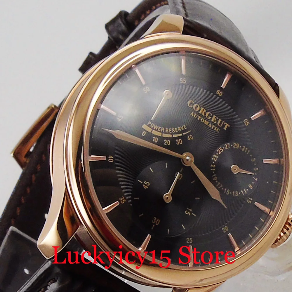 CORGEUT Automatic Men Wristwatch Black Dial Leather Band Power Reserve Date Indicator Rose Gold Coated Case