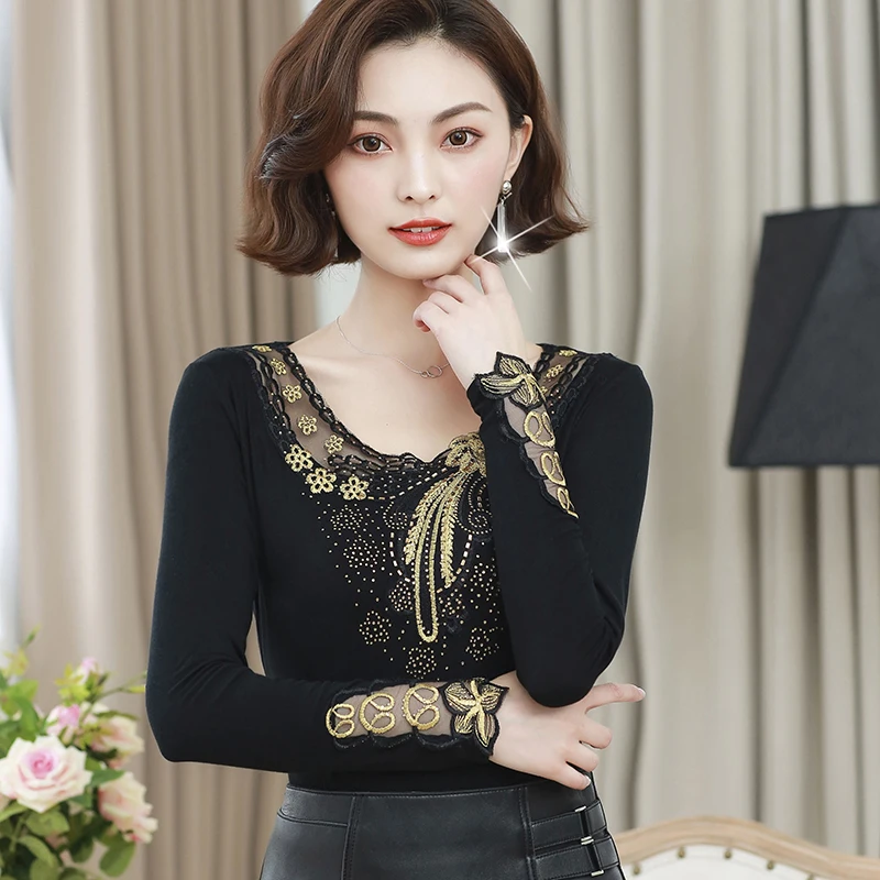  Lace blouse shirt slim women blouses 2019 autumn and winter Embroidery V-neck stitching Diamonds pl