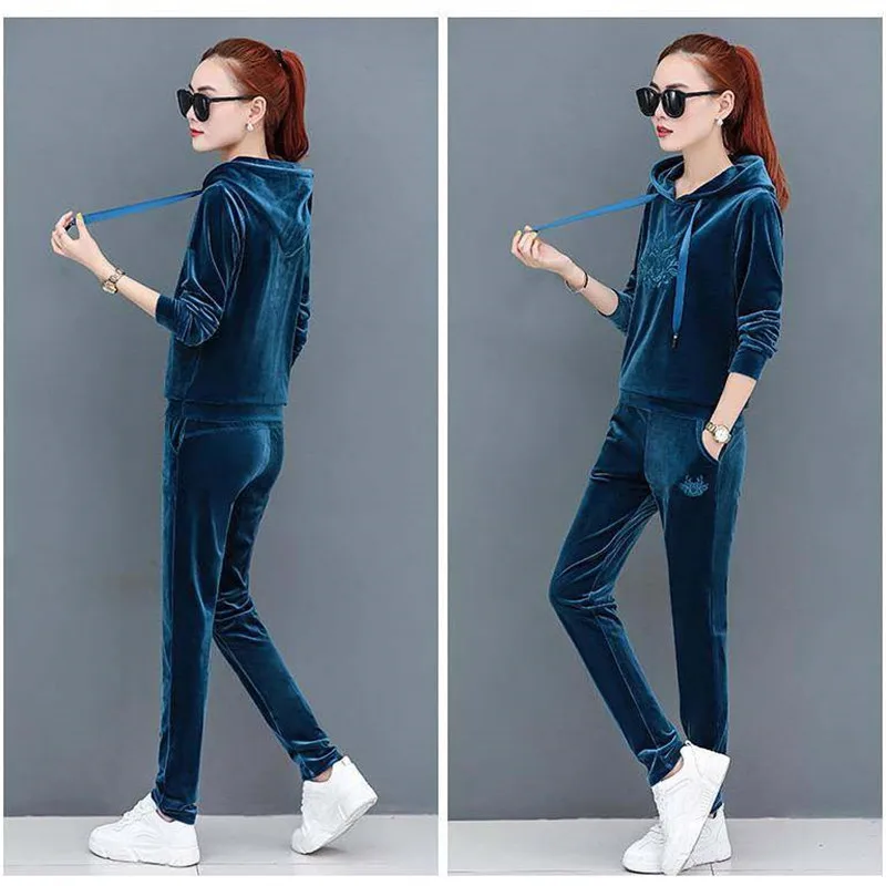 Sportwear Hooded Velvet Tracksuits Winter Women Plus Size Casual Ensemble Femme Jogging Two Piece Sets Embroidery Tops And Pants