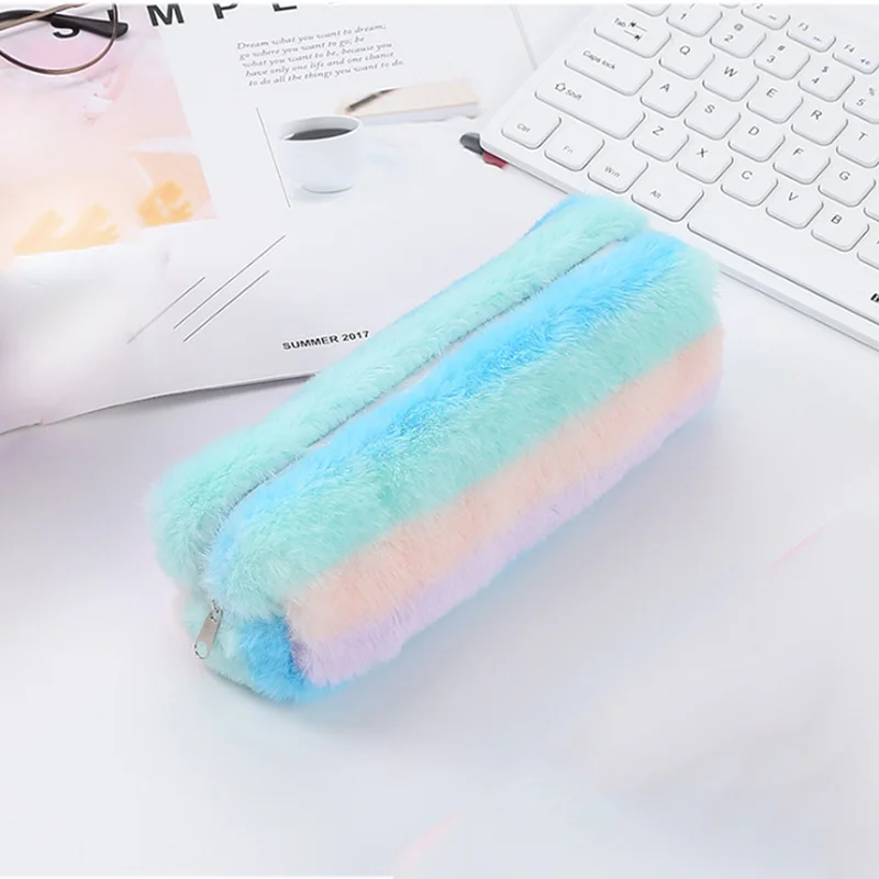 Blue Pink Purple Красочные Плюшевые Kawaii школьный Карандаш Чехол сумка для девочек Карандаш Чехол школьные принадлежности милый пенал для карандашей студенческие канцелярские - Цвет: Blue Pink Purple