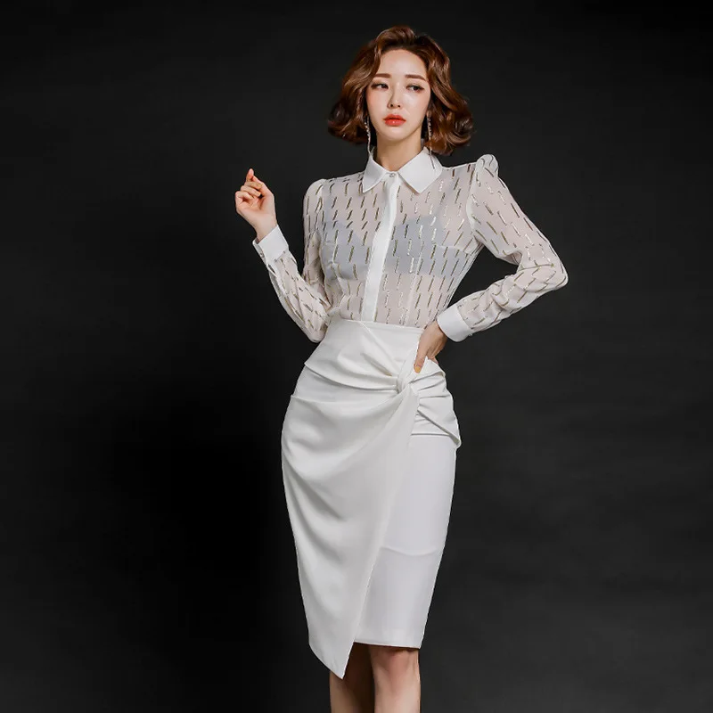 

2020 Spring Summer White Shirt Blouse and Bodycon Skirt Ladies Elegant Two Piece Set Plus Size Work Office 2 Piece Set for Women