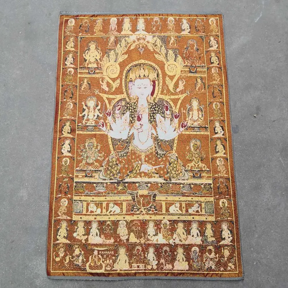 

35" Thangka embroidery Tibetan Buddhism silk embroidery brocade Nepal Three-headed six-armed Guanyin Bodhisattva Thangka