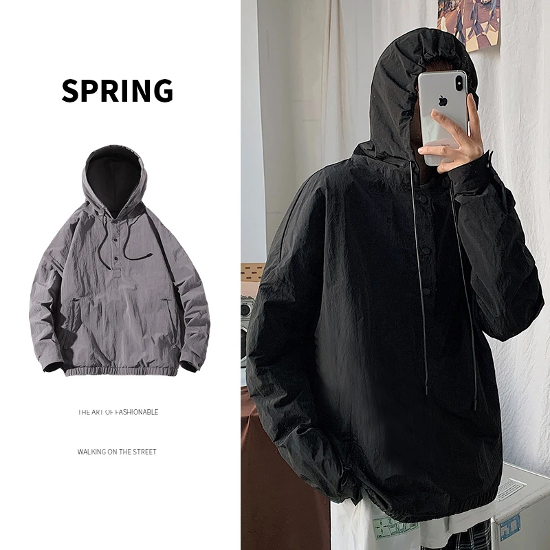 Pullover Jacket Men s Fashion Solid Color Casual Hooded Jackets Mens Streetwear Wild Loose Hip Hop 1