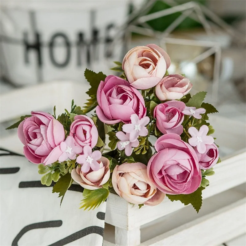 Искусственная чайная роза, Шелковый букет цветов для дома, свадебное украшение, европейская дешевая ваза, украшение стола, искусственные цветы - Цвет: Purple