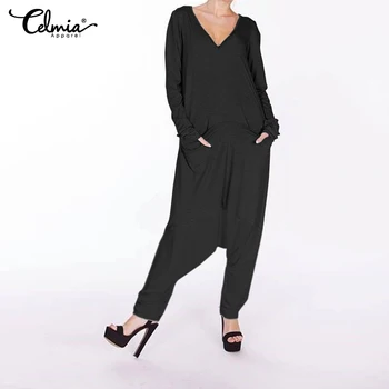

Celmia Women Jumpsuits 2020 Fashion Harem Pants Drop Crotch Playsuits Long Sleeve Casual Romper Plus Size Overalls Femininas 5XL