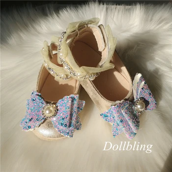 

Luxury Hand Crafted Bling Baby Shoes Princess Elsa Mermaid Gliter Bow Sparkling Rhinestone 0-1Y Little Girl Infant Golden Shoes