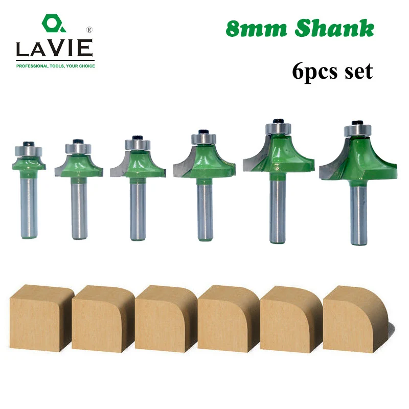  LA VIE 6pcs 8mm Corner Round Over Router Bit with Bearing Milling Cutter for Wood Woodworking Tool 