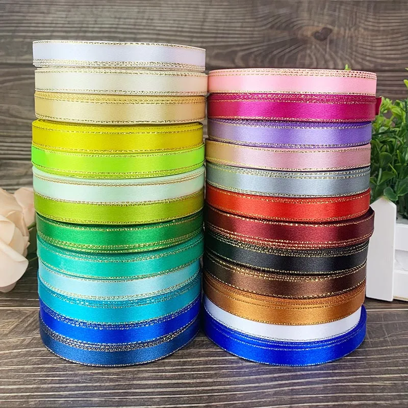 

25 Yards/Roll Gold Edged Satin Ribbon Gift Packing Christmas Wedding Party Birthday Decoration Ribbons DIY Crafts Material