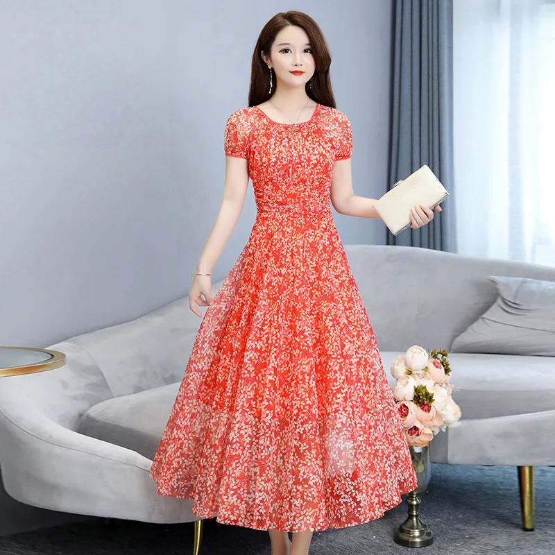 

2019 Summer New Style Long Dress Women's Floral-Print Immortal Waist Hugging Beach Big Hemline Elasticity Maxi Dress Women's