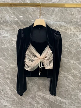 

2020 Early Autumn New Women's Irregular Collar Mesh Color Panel Velvet Long Sleeve All-match Shirt 819