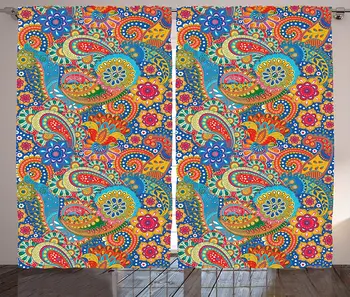 

Asian Curtains Colorful Paisley Floral Pattern Classical Ornamental Medieval Art Living Room Bedroom Window Drapes Blue Yellow
