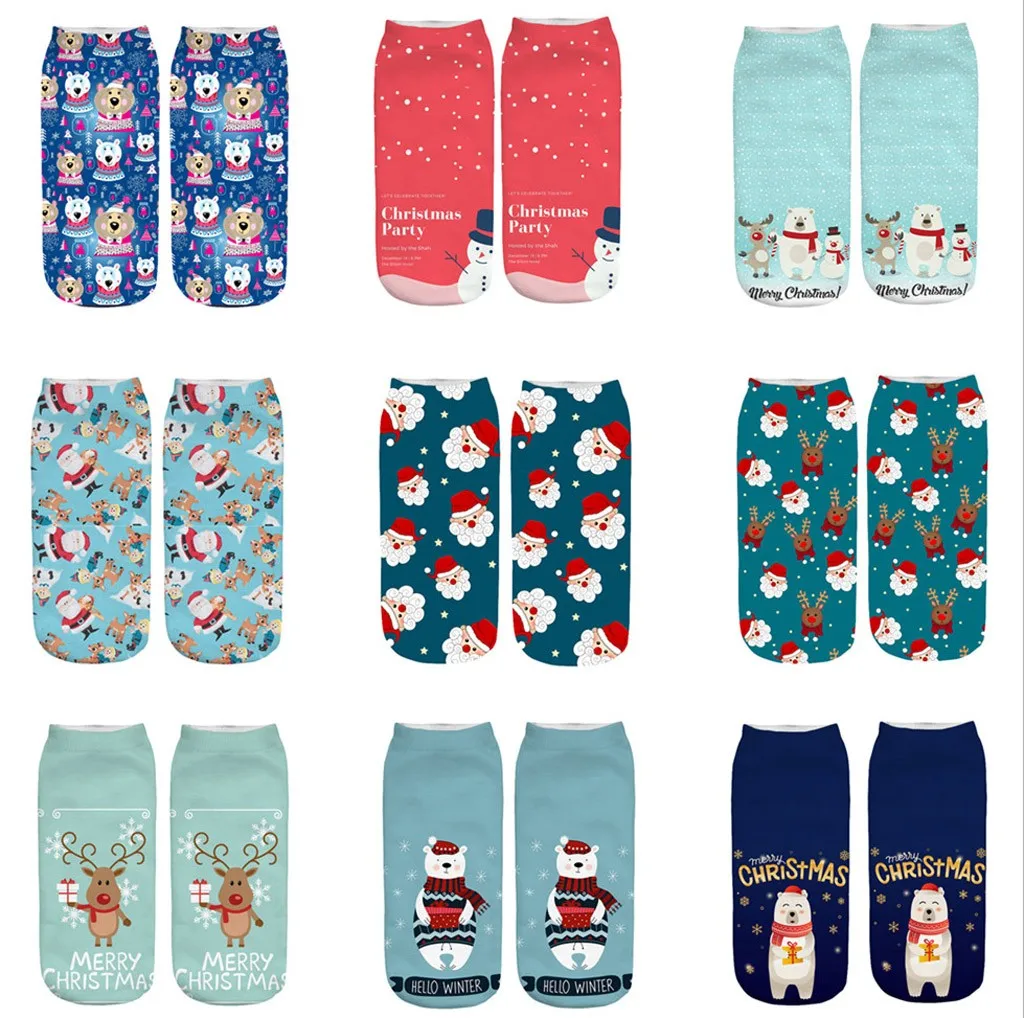 Зимние хлопковые прямые рождественские носки для мужчин и женщин; короткие носки с объемным рисунком оленя, Санта-Клауса, снежинки; chausette# ZE